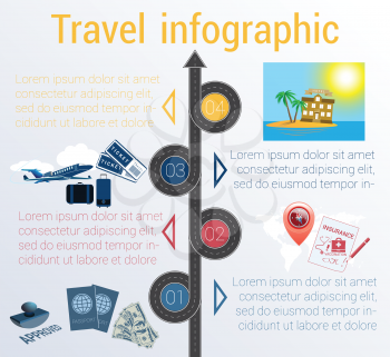 Tourism and travel concept infographic. Template 4 positions. Motorway, passports, visa stamp, card, point, syringe, medical set, dollars,suitcase, tickets, jet, hotel, island, palm, sea, sun, sky  