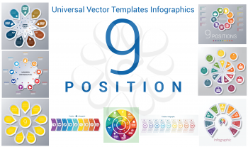 Universal Vector Templates Infographics for 9 positions. Business conceptual icons.