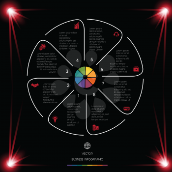  Business chart for presentations. Circle Lines Infographic 8 Positions dark background with red light 
