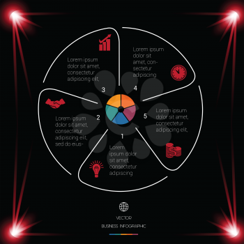  Business chart for presentations. Circle Lines Infographic 5 Positions dark background with red light