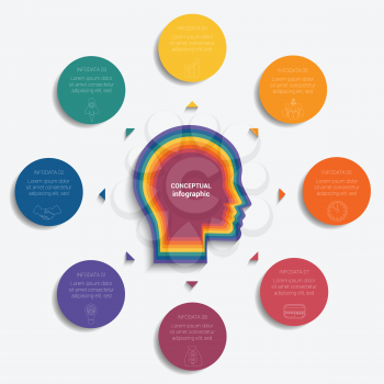 Circles with the text  around the head of person, template for conceptual infographics 8 positions