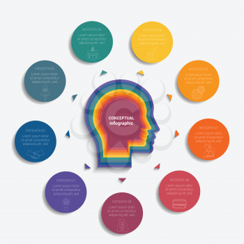 Circles with the text  around the head of person, template for conceptual infographics 9 positions
