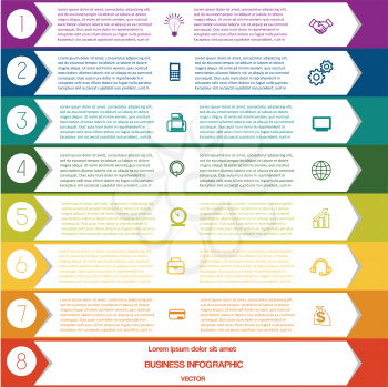 Infographic Colourful arrows template from white strips with text areas on eight positions