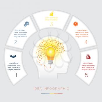 Head, lightbulb, brain, Conceptual idea infographics vector template five positions for text area, possible to use for workflow, banner, diagram, web design, timeline, area chart,number options