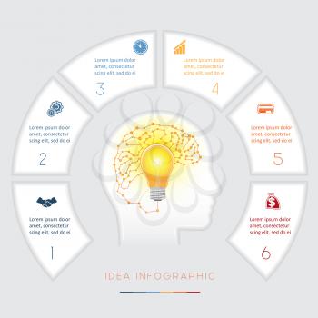 Head, lightbulb, brain, Conceptual idea infographics vector template six positions for text area, possible to use for workflow, banner, diagram, web design, timeline, area chart,number options