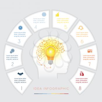 Head, lightbulb, brain, Conceptual idea infographics vector template eight positions for text area, possible to use for workflow, banner, diagram, web design, timeline, area chart,number options