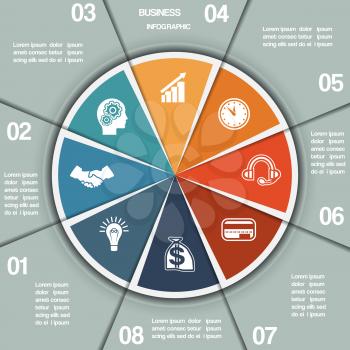 Infographic Pie chart template from colourful circle with text areas on eight positions