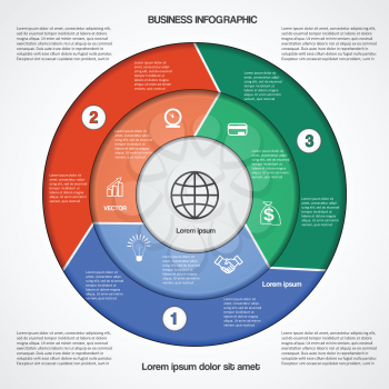 Business circular infographic template with text areas on three positions for success project, workflow, web design, advertising banner and other Your variant