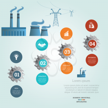 Gear wheels numbered, icons business, Pipe factory smoke, electric transmission lines, industrial infographic template with text areas on four positions