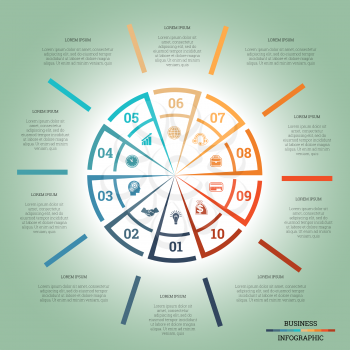 Infographic Pie chart template colourful circle from lines with text areas on ten positions