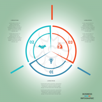 Infographic Pie chart template colourful circle from lines with text areas on three positions