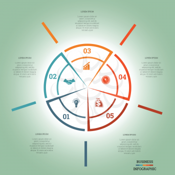  Infographic Pie chart template colourful circle from lines with text areas on five positions