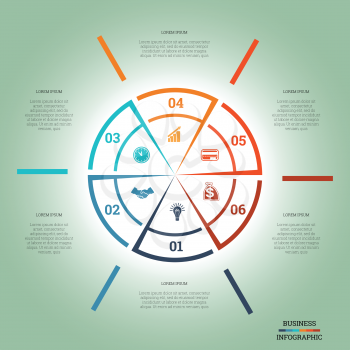 Infographic Pie chart template colourful circle from lines with text areas on six positions