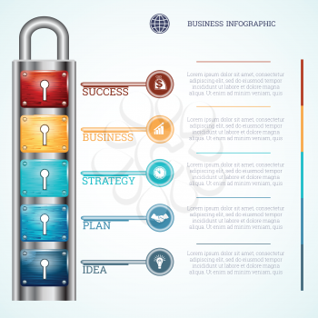 Abstract Creative concept vector business infographics, template padlock with five keyholes and keys, place for text of 5 positions