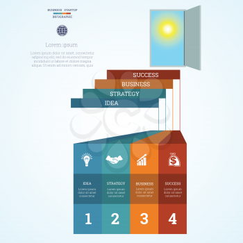 Vector illustration Infographic template steps up ladders and doorway, sky, sun, startup business concept with four steps or processes. Can be used for workflow, banner, diagram, web design, timeline, area chart,number options