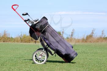 Golf bag with clubs on field
