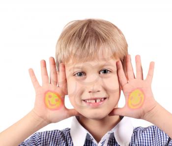 happy boy with smiley on hands portrait