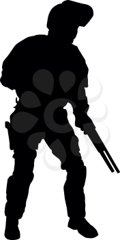 Police special forces officer, SWAT team shooter in riot protection helmet with flipped up visor, standing and crouching with shotgun in hands, black vector silhouette isolated on white background