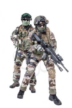 Paratroopers of french 1st Marine Infantry Parachute Regiment RPIMA studio shot firing pointing weapons