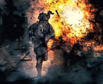 Army soldier in action. Great explosion with fire and smoke billows