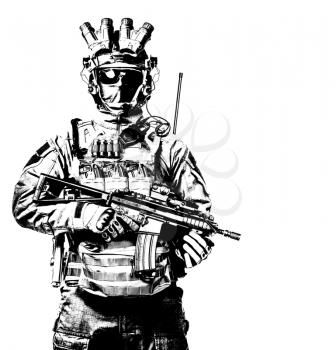 Special operations forces soldier, counter terrorist squad fighter, military mercenary in mask and night vision device, armed with short barrel service rifle studio portrait isolated white background