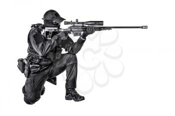 Police special forces, security operations team, SWAT group sniper in blank black uniforms, sitting and aiming with sniper rifle equipped telescopic optical sight, isolated on white studio shoot