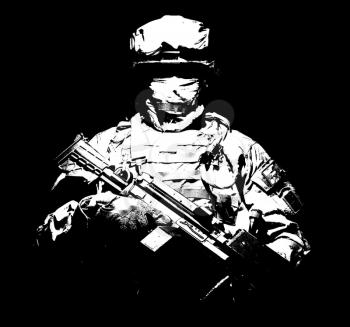United States Armed Forces soldier in battledress with black glasses and mask on face, armed squad automatic weapon emerges from darkness. Military threat, secret stealth mission, hybrid war combatant