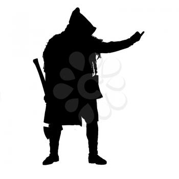 Post apocalypse world survivor, bandit or marauder in gas mask, ghillie cape, ragged clothes with runes, showing beckoning sign while standing with carpenters axe in hand, isolated on white shoot