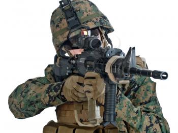 US soldier aiming his assault rifle. White background