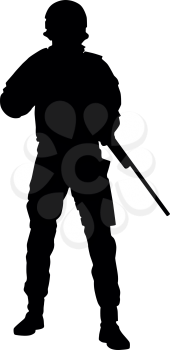 Police tactical unit rifleman, SWAT team sniper, counter-terrorist squad fighter in uniforms and helmet, standing with service rifle in hands, black vector silhouette isolated on white background