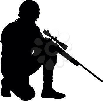 Police special forces, SWAT team, anti-terrorist group sniper in helmet, sitting on one knee and holding sniper rifle in hand, black vector silhouette isolated on white background. Hunter with rifle