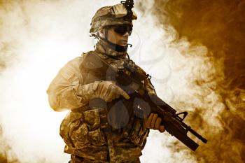 United States paratrooper airborne infantry in the smoke