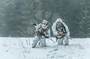 Winter arctic mountains warfare. Action in cold conditions. Pair of special forces weapons in forest somewhere above the Arctic Circle