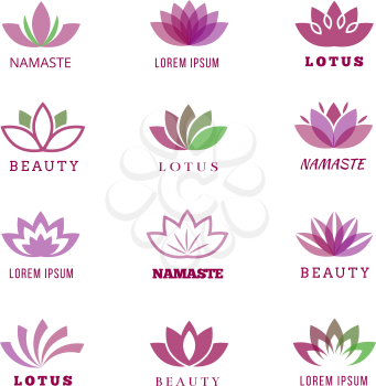 Vector spa, boutique, beauty salon, cosmetician, shop, yoga class, hotel and resort logo set with lotus flowers. Lotus namaste boutique, cosmetician lotus icon, lotus yoga class illustration