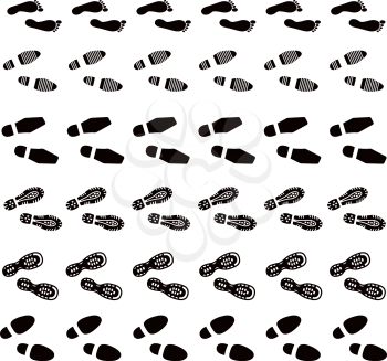 Shoes imprints, footprint and human step set. Print shoe sole and print of boot and foot human, step footprint trail or track.  Vector illustrators brushes collection