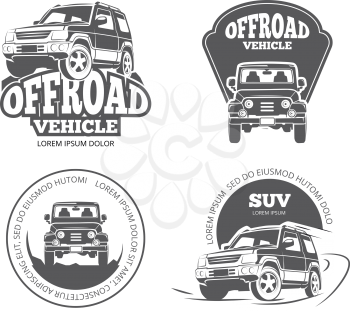 Suv pickup retro vector emblems, logos, badges and labels. Vehicle suv offroad, auto suv pickup, transport suv car label illustration