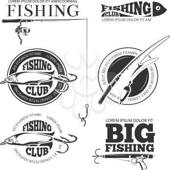 Vintage fishing vector labels, logos, emblems set. Hobby fishing logo and logotype fishing with spinning and float illustration