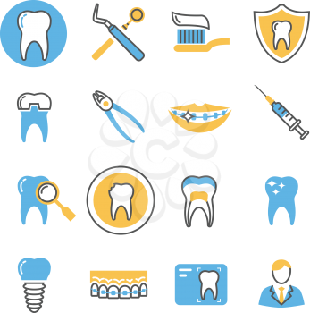 Dental care, services, equipment and products linear vector icons with color elements. Stomatology dental icon, care dental, equipment dental illustration
