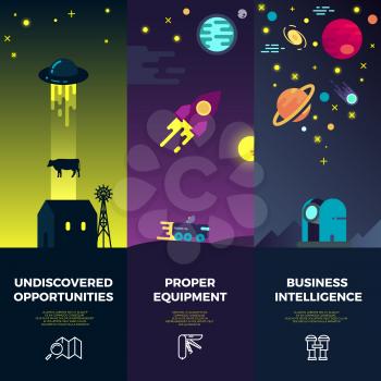 Space vector banners with flat astronomic and ufo icons and planets. Ufo science, ufo rocket, spacecraft ufo illustration