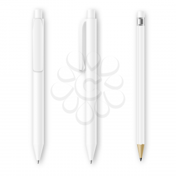 White pen and pencil vector mockups. Corporate identity and branding stationery template. Branding pen and pencl identity, office pencil and pen, design pen and pencil illustration