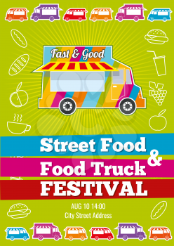 Vector poster with wagon full of tasty summer food, meals, drinks and fruits. Banner food festival, design event food truck, tasty food truck illustration