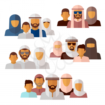 Arabian, muslim, middle eastern family icons. Family muslim and  arabian family parent mother father and boy illustration
