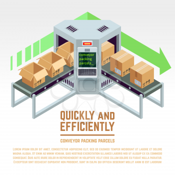 Conveyor packing parcels. Vector 3D isometric concept. Conveyor factory, conveyor distribution, industry conveyor illustration
