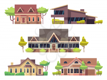 Private residential cottage houses flat vector icons. Set of modern houses and architecture residential house with green tree illustration