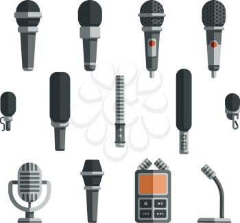 Microphones and dictaphone vector flat icons. Icon microphone, dictaphone electronic and recorder microphone, equipment microphone, device dictaphone, audio technology dictaphone illustration