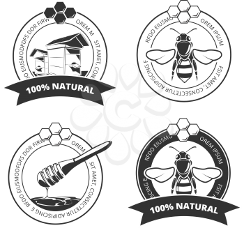 Vintage honey and bee vector labels, badges, emblems, logos set. Sweet honey emblem and organic honey farm label illustration