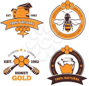 Retro beekeeper, honey vector labels or badges. Honey logo with beehive farm. Quality natural and sweet honey emblems