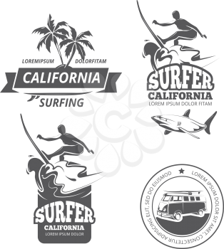 Surfing logo set. Vector surfing labels or surfing sport badges with palm trees and