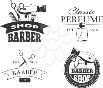 Retro barber shop vector emblem or logo set. Barbershop vintage labels with typography design elements