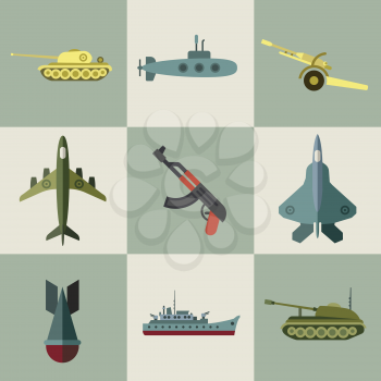Military equipment and weaponry flat icons. Army warship, army plane, army equipment illustration
